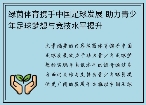 绿茵体育携手中国足球发展 助力青少年足球梦想与竞技水平提升